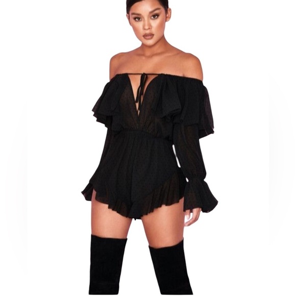 House of CB Pants - House of CB - Black 'Ramona' Playsuit, Size Small, Black Semi Sheer Swiss Dot